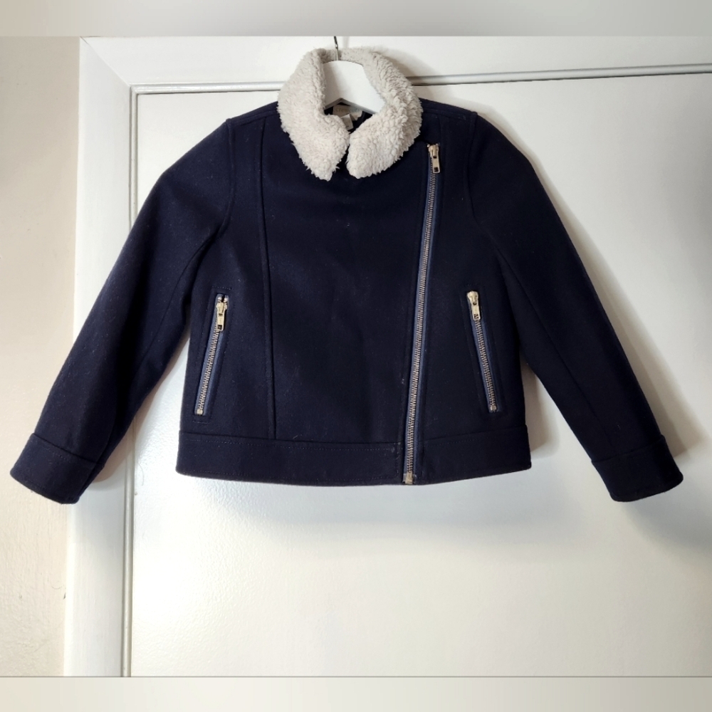 J.Crew Crewcuts Wool Blend Moto Jacket Navy Gold Hardware Sherpa Fur Collar 6-7 - Picture 16 of 16